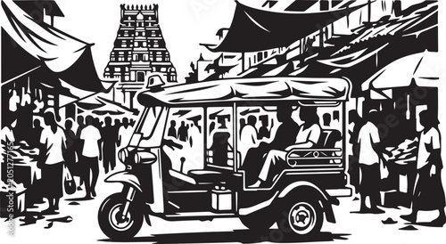 Cuadro en lienzo Black and white of 1920s street scene with vintage car and pedestrians