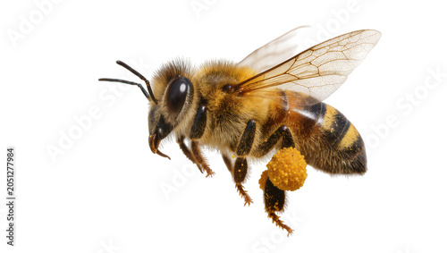 Bilde på lerret Honey bee with pollen sacs on legs flying