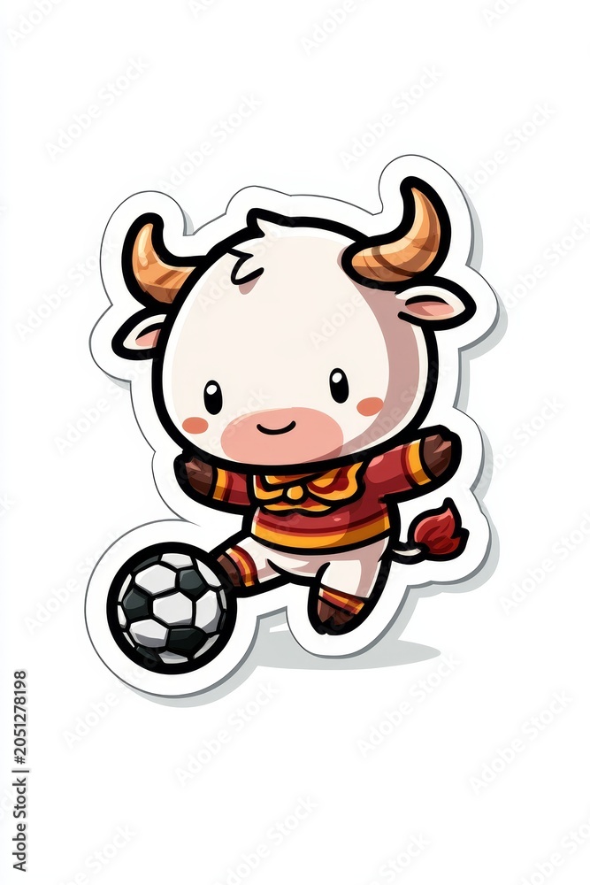 Fototapeta premium Cheerful cartoon cow kicking soccer ball playful environment graphic art fun concept for all ages