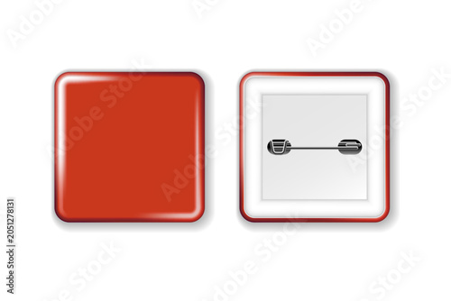 Red badge mockup. Square badge button brooch. Realistic white blank glossy quadrilateral button badge pin with white plastic back cover. Vector illustration.