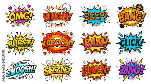 Vibrant multicolored comic book onomatopoeia sound effects set.
