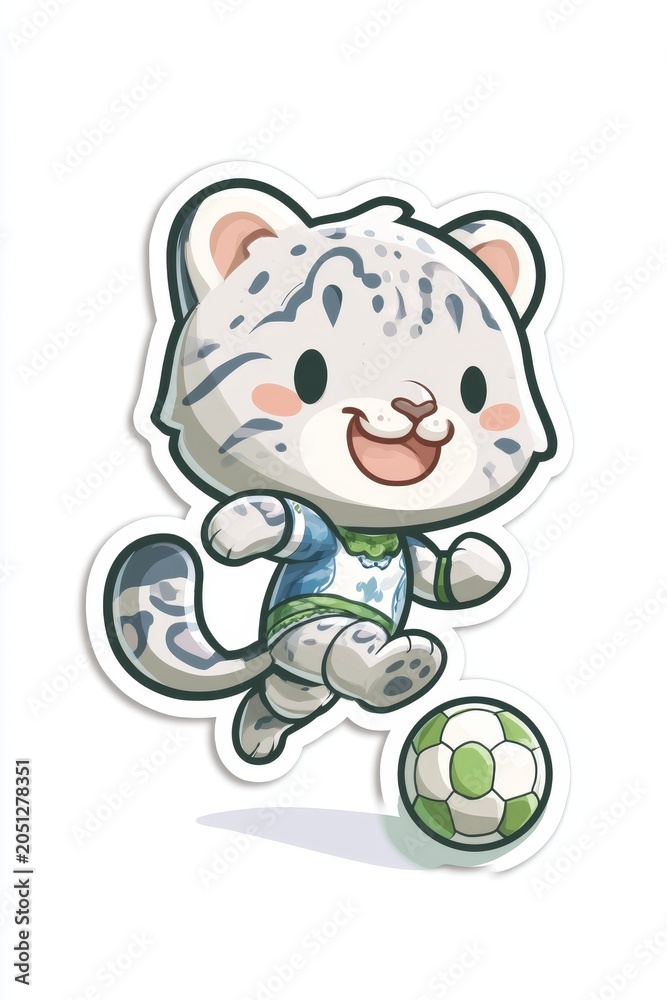 Fototapeta premium Playful cartoon snow leopard kicking soccer ball sport event fun environment whimsical viewpoint