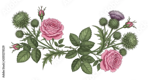 Tablou pe pânză Floral ornament of roses thistles and buds in a watercolor style