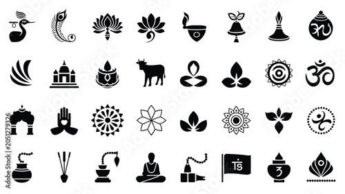 Spiritual hindu indian icon set for festivals, yoga, and meditation practices.