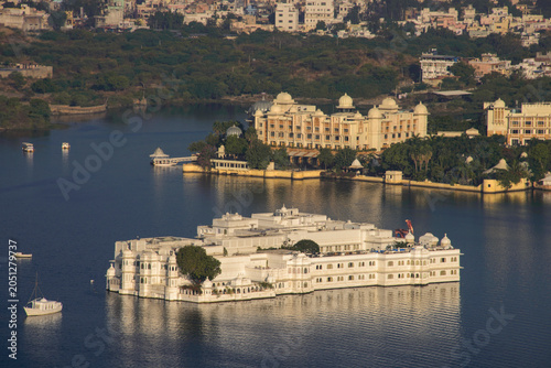 View of the City Palace, Lake Palace, Monsoon Palace, and Lake Pichola, Udaipur, Rajasthan, India