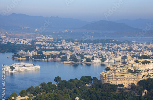 View of the City Palace, Lake Palace, Monsoon Palace, and Lake Pichola, Udaipur, Rajasthan, India