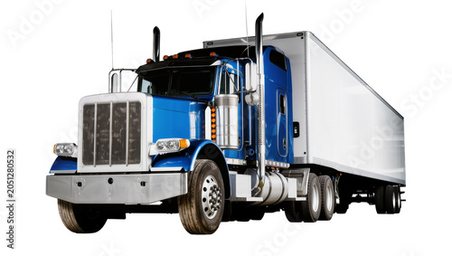 Obraz na plátně Blue semi-truck tractor with white trailer