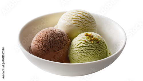 Three scoops of ice cream in a white bowl chocolate pistachio, vanilla