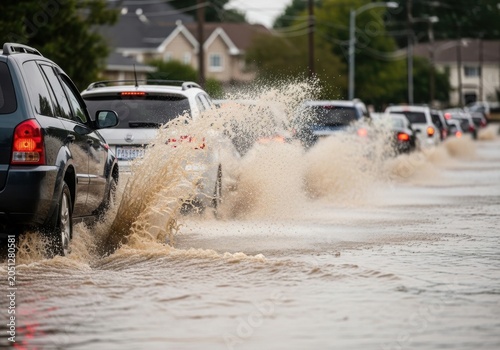 Car driving through deep flood water on a residential street