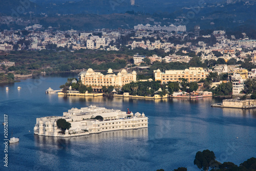 View of the City Palace, Lake Palace, Monsoon Palace, and Lake Pichola, Udaipur, Rajasthan, India