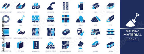 Bild auf Leinwand Building materials solid icon set for construction, residential, roofing, beam, panel, drywall symbols for architecture and engineering projects