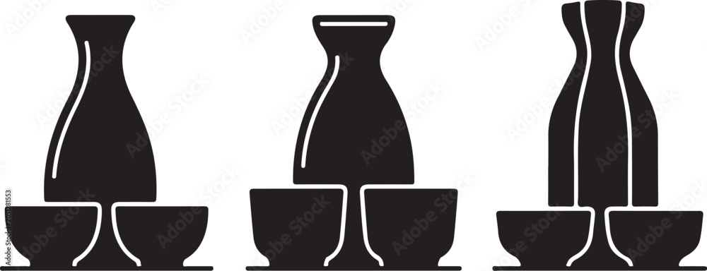 Fototapeta premium Japanese Sake Set Icons. Traditional Tokkuri Bottle and Ochoko Cup Silhouettes. Vector Rice Wine Ceramic Vessels Collection. Minimalist Black Drinkware Graphic Elements. Oriental Alcohol Beverage 