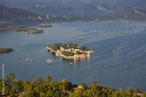 View of the City Palace, Lake Palace, Monsoon Palace, and Lake Pichola, Udaipur, Rajasthan, India