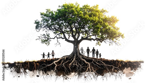 A vibrant image of a large tree with exposed roots and several silhouettes of people, illustrating growth and connection