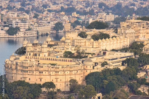 View of the City Palace, Lake Palace, Monsoon Palace, and Lake Pichola, Udaipur, Rajasthan, India