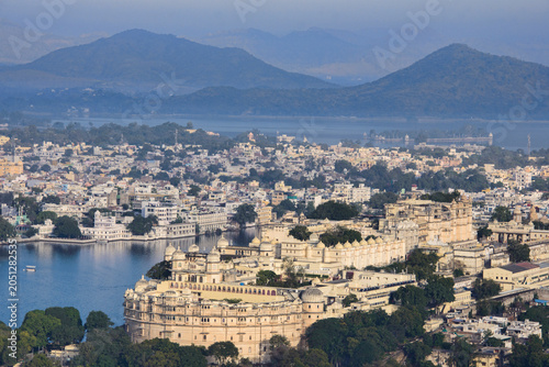 View of the City Palace, Lake Palace, Monsoon Palace, and Lake Pichola, Udaipur, Rajasthan, India