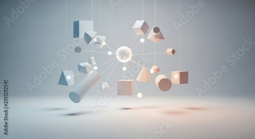 Geometric shapes suspended in a minimalist abstract visual network