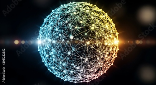 Futuristic Network Sphere with Connected Dots in Blue and Gold