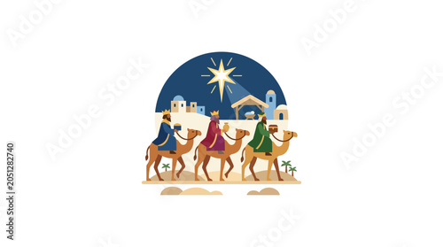 Bild auf Leinwand Three Wise Men on Camels Following Star to Nativity Scene