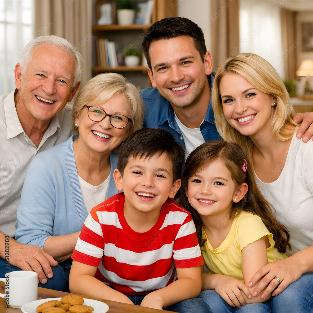 Obraz premium Happy multi-generational family smiling and posing together at home