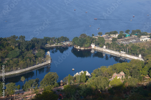 View of the City Palace, Lake Palace, Monsoon Palace, and Lake Pichola, Udaipur, Rajasthan, India