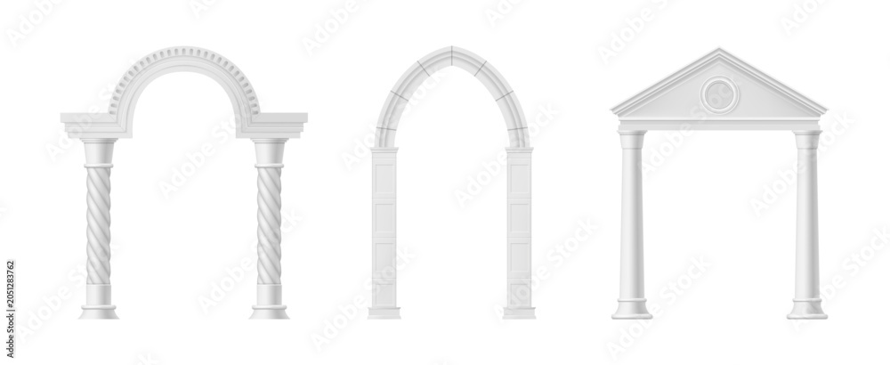 Fototapeta premium Medieval marble arches set. Vector realistic ancient antique columns and stone entrance gates of castles and palaces. Greek and Roman architecture. Aesthetic boho doorways or gateways interior element