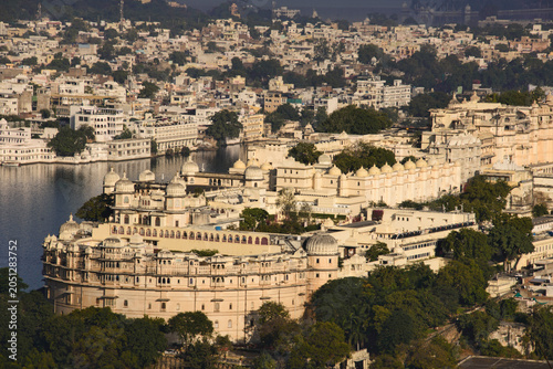 View of the City Palace, Lake Palace, Monsoon Palace, and Lake Pichola, Udaipur, Rajasthan, India
