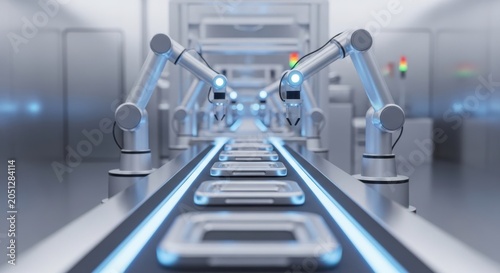 A futuristic train station with robotic arms assisting passengers at the platform