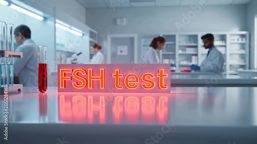 A sign with the text FSH test on a table in a laboratory