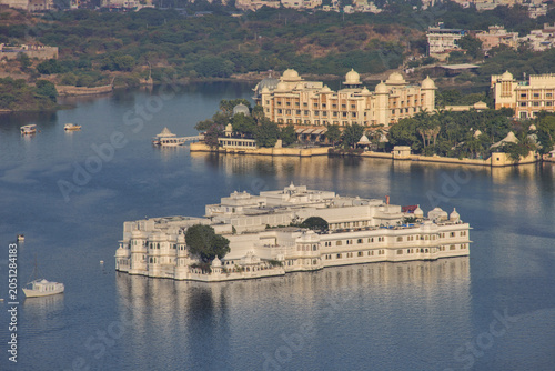 View of the City Palace, Lake Palace, Monsoon Palace, and Lake Pichola, Udaipur, Rajasthan, India