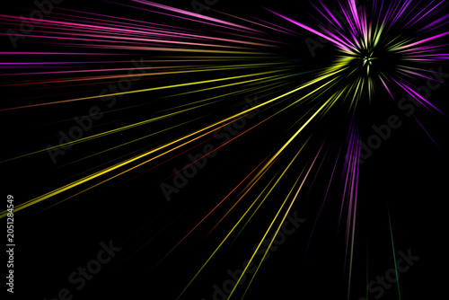 Abstract radial zoom blur in purple, pink, yellow and green tones, with the center shifted to the upper‑right corner, creating vibrant dynamic light streaks on a dark background.
