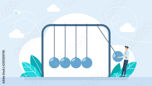 Businessman holding a blue ball of the Newton cradle to start motion, representing business launching, initiative, kinetic energy and driving force concepts. Vector illustration.