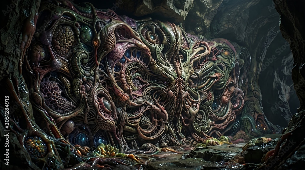 Obraz premium Vibrant tentacles emerge from a dark mysterious cave filled with swirling colorful organic shapes and structures.