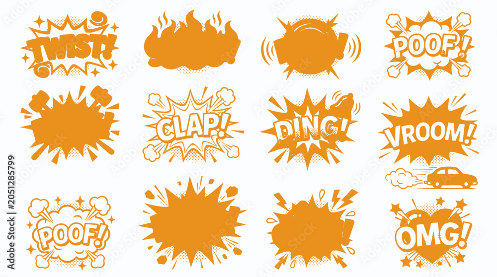 Fototapeta premium Orange themed comic sound effects and explosion bubbles set.