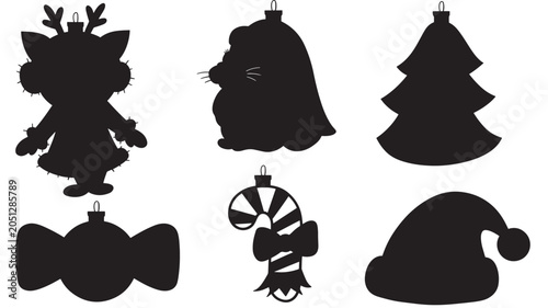 Tableau sur toile Character Christmas Ornament Icons Set with Bell, Tree, Cat, Candy and Candy-Can