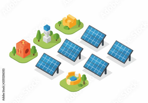 Isometric solar panels and buildings on green squares.