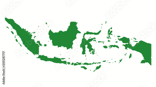 Fotografía Indonesia map shows the archipelagic nation in a flat green silhouette isolated on a white background