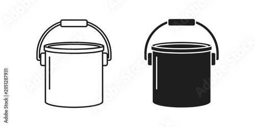 Konstfotografi Two simple line art and silhouette icons of a bucket with a handle on a white ba