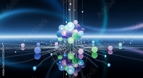 Vibrant Neon Light Hub with Floating Orbs and Connecting Lines
