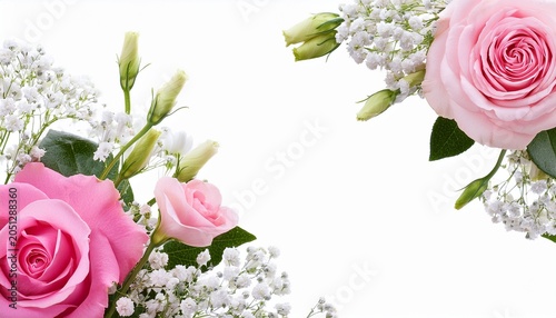 Pink Rose Eustoma And Gypsophila Flowers In A Corner Floral Arrangement Isolated On White Or Transparent Background