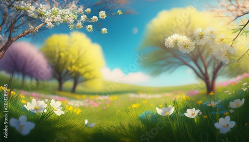 Beautiful Blurred Spring Background Nature With Blooming Glade Trees And Blue Sky On A Sunny Day Generative Ai