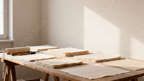 Handmade shop display of generic tools ceramic pieces worktable commercial