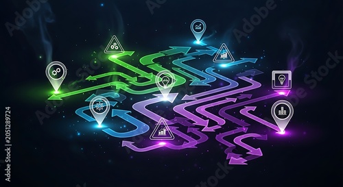 Colorful Neon Pathways with Floating Icons in Dark Space