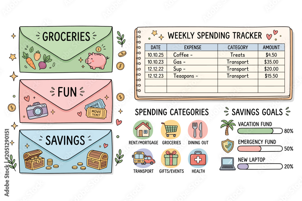 Fototapeta premium Cute budgeting collection featuring envelopes
