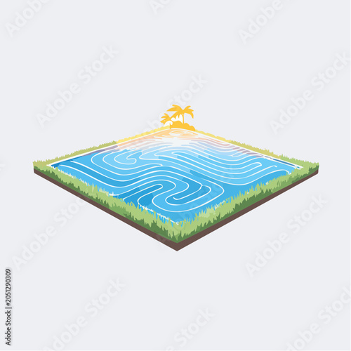 Isometric View of a Peaceful Water Maze Pool with Tropical Palms and Golden Sunset Glow