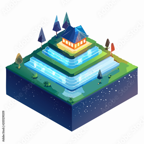 Illuminated isometric village nestled in cascading terraces under a starry night sky