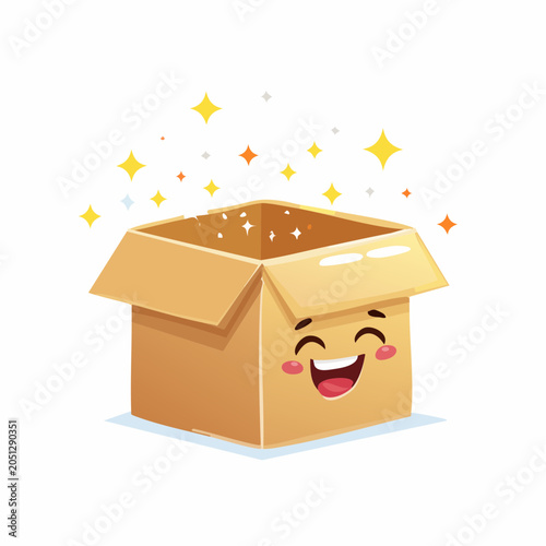 Delightful cardboard package character sparkling with joy, perfect for themes of surprise, delivery, and happy unboxing experiences