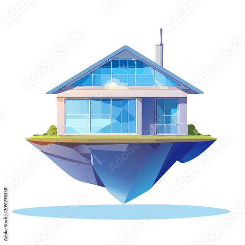 Futuristic architectural illustration of a modern house gracefully floating on a tranquil island amidst a clear sky