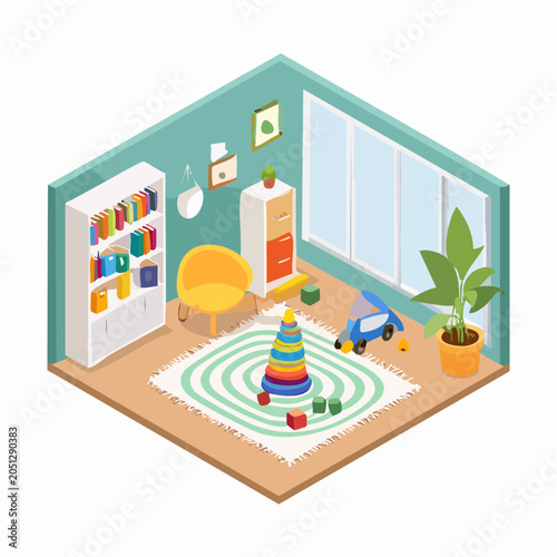 Cozy isometric children's room with toys and furniture for play and learning