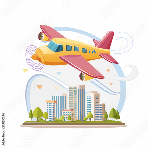 Vibrant cartoon airplane soars above a bustling city skyline under a clear sky, symbolizing urban travel and freedom
